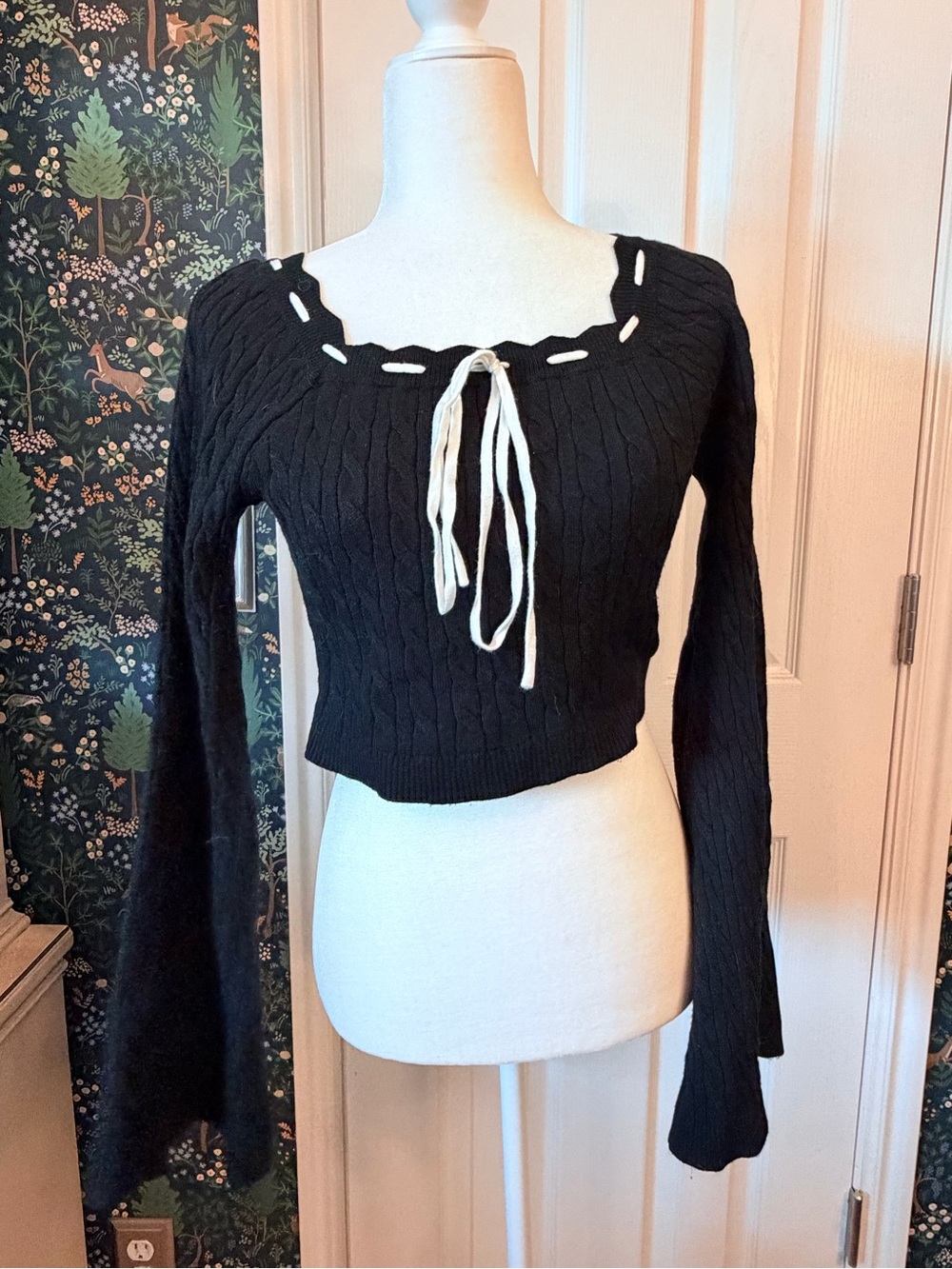 Altar'd State Black Cable Knit Crop Sweater with Contrast Lace Tie